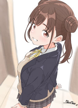 1girl absurdres black_jacket blazer blush brown_hair brown_skirt commentary_request double_bun grin hair_bun highres idolmaster idolmaster_shiny_colors jacket long_sleeves looking_at_viewer looking_to_the_side neck_ribbon nicopieee plaid_clothes plaid_skirt pleated_skirt ribbon school_uniform shirt signature skirt smile solo sonoda_chiyoko sweater white_shirt yellow_ribbon yellow_sweater