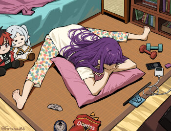 1girl barefoot bed blunt_bangs can dumbbell fatzhai fern_(sousou_no_frieren) frieren highres indoors long_hair mp3_player pants phone pillow print_pants purple_eyes purple_hair shirt snack solo sousou_no_frieren stark_(sousou_no_frieren) stuffed_toy twitter_username watching white_shirt yoga