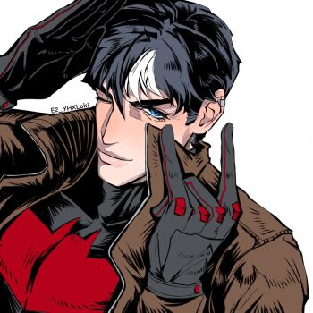 1boy bat_signal batman_(series) batman_symbol black_bodysuit black_gloves black_hair blue_eyes bodysuit brown_jacket dc_comics e2_yhxloki gloves grey_bodysuit jacket jason_todd male_focus multicolored_bodysuit muscular muscular_male open_clothes red_hood_(dc) red_hood_and_the_outlaws short_hair superhero_costume taut_bodysuit two-tone_bodysuit