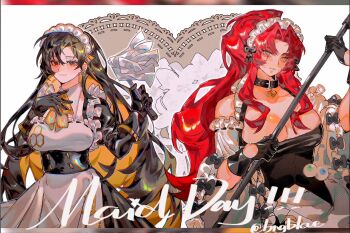 2girls alternate_costume ascot binah_(project_moon) black_bow black_collar black_corset black_dress black_eyes black_gloves black_hair blonde_hair bngb_love bow breasts broom cleavage closed_mouth collar colored_inner_hair corset detached_sleeves disembodied_eye dress duster earrings feather_duster gebura_(project_moon) gloves highres holding holding_broom jewelry large_breasts library_of_ruina long_hair long_sleeves looking_at_viewer maid maid_day maid_headdress multicolored_hair multiple_girls polearm project_moon red_hair scar scar_on_face simple_background smile standing upper_body very_long_hair weapon white_background yellow_ascot yellow_eyes