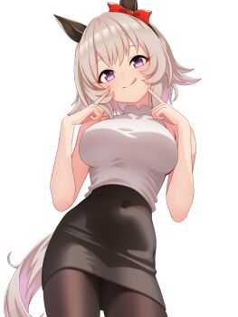 1girl animal_ears bare_arms black_pantyhose black_skirt blush closed_mouth commentary_request curren_chan_(umamusume) ear_covers grey_hair grey_tail high-waist_skirt highres horse_ears horse_girl horse_tail katsushika_yuki looking_at_viewer pantyhose purple_eyes short_hair simple_background skirt sleeveless sleeveless_turtleneck smile solo sweater tail tongue tongue_out turtleneck turtleneck_sweater umamusume white_background white_sweater