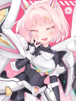 17ho_10ban 1girl absurdres armor armored_bodysuit black_bodysuit bodysuit breastplate covered_navel goddess_of_victory:_nikke highres medium_hair noah_(nikke) open_mouth pink_eyes pink_hair shoulder_armor solo