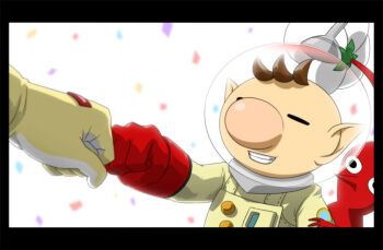 2boys anime_coloring bad_tag big_nose black_border black_eyes border brown_hair buttons captain_falcon clenched_hand closed_eyes colored_skin confetti fist_bump gloves grey_gloves grin hand_on_another&#039;s_arm happy height_difference helmet male_focus multiple_boys naru_(wish_field) nintendo no_mouth olimar patch pikmin_(creature) pikmin_(series) pointy_ears pointy_nose radio_antenna red_gloves red_pikmin red_skin short_hair simple_background smile solo_focus space_helmet spacesuit super_smash_bros. two-tone_gloves upper_body very_short_hair white_background yellow_gloves