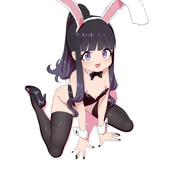 absurdres black_bow black_bowtie black_nails blush bow bowtie breasts cardcaptor_sakura cromachina daidouji_tomoyo flat_chest high_heels highres loli long_hair looking_at_viewer nipple_slip nipples open_mouth playboy_bunny ponytail rabbit_ears sitting thighhighs wrist_cuffs