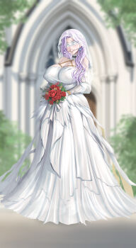 1girl absurdres ball_gag bdsm blindfold bondage bound bound_wrists bridal_veil bride copyright_request dress elbow_gloves female_focus flower gag gagged gloves highres long_hair neglect_play outdoors purple_hair restrained rope rose shibari shibari_under_clothes solo standing stealth_bondage strapless strapless_dress variant_set veil wedding wedding_dress white_dress yukumo_no_ki