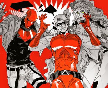 1girl 2boys arsenal_(dc) baseball_cap bat_signal batman_(series) batman_symbol belt black_bodysuit black_gloves bodysuit breasts bridgeless_bra brown_jacket cleavage colored_sclera colored_skin dc_comics domino_mask eye_mask fiery_hair gloves green_eyes green_sclera grey_bodysuit guoba7777 hat jacket jason_todd large_breasts long_hair looking_at_viewer male_focus mask multicolored_bodysuit multiple_boys muscular muscular_male navel open_clothes orange_hair pants red_bodysuit red_hair red_hood_(dc) red_hood_and_the_outlaws red_mask revealing_clothes roy_harper smile starfire_(2011_costume) superhero_costume taut_bodysuit two-tone_bodysuit utility_belt very_long_hair