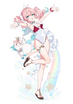 1girl :o absurdres bare_arms bare_shoulders bead_bracelet beads blue_eyes blue_hair bracelet breasts brown_sandals commentary_request covered_navel full_body gradient_hair hair_between_eyes highres honkai:_star_rail honkai_(series) hyacine_(honkai:_star_rail) jewelry long_hair looking_at_viewer multicolored_hair one-piece_swimsuit open_mouth outstretched_arms pink_hair rainbow sandals simple_background small_breasts solo standing standing_on_one_leg starfish swimsuit twintails white_background white_one-piece_swimsuit winged_unicorn wrist_cuffs yu-ri_(arium047)