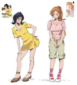 2girls black_hair bleach bluemosi breasts brown_eyes brown_hair brown_shoes closed_mouth collared_dress dress full_body grey_shorts hair_between_eyes hand_on_own_hip hashtag-only_commentary highres inoue_orihime kuchiki_rukia light_smile low_twintails medium_breasts medium_hair multiple_girls official_alternate_costume pink_shirt pink_socks ponytail puffy_short_sleeves puffy_sleeves reference_inset shirt shoes short_dress short_sleeves shorts socks standing twintails white_background white_shoes yellow_dress