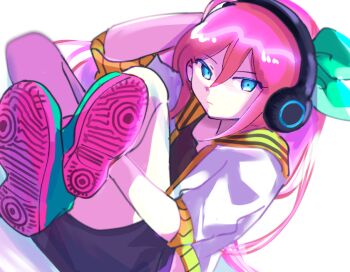 Rule 34 | 1girl, arm up, aubrey (faraway) (omori), aubrey (omori), bare arms, black shirt, black skirt, blue eyes, bow, closed mouth, colored shoe soles, commentary request, double-parted bangs, dutch angle, expressionless, foreshortening, from below, full body, green bow, grey shoes, hair behind ear, hair between eyes, hair bow, headphones, jacket, knees apart feet together, light frown, long hair, miniskirt, omori, open clothes, open jacket, pencil skirt, pink hair, puffy short sleeves, puffy sleeves, rasu (pixiv9799832), sailor collar, shirt, shoes, short-sleeved jacket, short sleeves, sidelocks, simple background, sitting, skirt, solo, straight hair, very long hair, white background, white jacket, yellow sailor collar