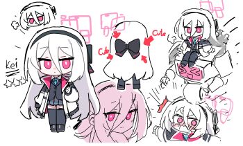 Rule 34 | > <, 1girl, @ @, aqua halo, blue archive, blue necktie, bow, commentary request, hair between eyes, hair bow, halo, highres, kei (blue archive), kei (new body) (blue archive), korean commentary, long hair, long hair between eyes, multiple views, necktie, rectangular halo, red eyes, ringed eyes, school uniform, sitting on robot, sketch, white background, yanggaengwang