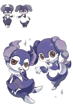 1boy 1girl :3 bairizuomeng blue_fur brown_eyes brown_sclera colored_sclera commentary english_commentary full_body furry furry_female furry_male gen_8_pokemon goat_girl grey_horns highres horns indeedee indeedee_(female) indeedee_(male) looking_at_viewer nintendo pokemon pokemon_(creature) reference_inset simple_background standing two-tone_fur white_background white_fur
