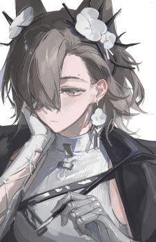 Rule 34 | 1girl, absurdres, animal ears, arknights, asymmetrical gloves, birthmark, black jacket, brown eyes, commentary, earrings, extra ears, flower, gauntlets, gloves, hair flower, hair ornament, hair over one eye, highres, holding, holding pen, jacket, jewelry, mismatched gloves, nib pen (object), pen, penance (arknights), phyriaxi, portrait, simple background, single gauntlet, sleeveless, sleeveless sweater, sleeveless turtleneck, solo, sweater, turtleneck, turtleneck sweater, white background, white gloves, white sweater, wolf girl