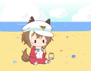Rule 34 | 1girl, animal ears, beach, blush, brown hair, cheval grand (umamusume), chibi, chibi only, cloud, commentary request, day, ears through headwear, full body, gomashio (goma feet), hat, holding seashell, horse ears, horse girl, horse tail, jacket, jar, long sleeves, multicolored hair, ocean, outdoors, pants, red jacket, red pants, red shoes, shoes, short hair, sitting, sky, solo, tail, tracen training uniform, track jacket, two-tone hair, umamusume, white hair, white hat, | |