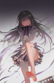 1girl akemi_homura artist_name back_bow bare_legs barefoot black_background black_capelet black_hair black_hairband bow bowtie capelet ceey chinese_commentary closed_mouth collared_capelet commentary_request dot_nose dress feet film_strip foot_out_of_frame frilled_skirt frills gradient_background grey_background grey_capelet hair_between_eyes hairband hands_on_own_cheeks hands_on_own_face happy high_collar highres layered_sleeves leg_up light_particles long_hair long_sleeves magical_girl mahou_shoujo_madoka_magica mahou_shoujo_madoka_magica_(anime) miniskirt pleated_skirt presenting_own_foot purple_bow purple_bowtie purple_eyes purple_ribbon purple_skirt ribbon short_dress skirt skirt_under_dress smirk soles solo toes tsurime two-tone_capelet very_long_hair wavy_hair white_dress