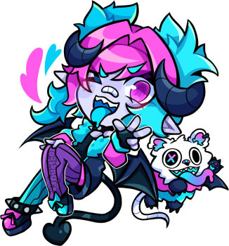 1girl bandaid bandaid_on_face bandaid_on_nose black_gloves blue_hair blue_tongue chibi collar colored_tongue commentary demon_girl demon_horns demon_tail demon_wings english_commentary fingerless_gloves fream_(vtuber) fur-trimmed_jacket fur_trim gloves heterochromia highres horns indie_virtual_youtuber jacket looking_at_viewer multicolored_hair one_eye_closed pink_eyes pink_hair pointy_ears sharp_teeth short_hair solo spiked_collar spikes tail teeth virtual_youtuber white_background wings x3dustco