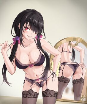 Rule 34 | 1girl, ass, azur lane, black bra, black garter straps, black hair, black panties, blush, bra, bra pull, breasts, butt crack, cleavage, clothes pull, date a live, garter belt, garter straps, gluteal fold, hair over one eye, hair ribbon, highres, kaceshi art, lace, lace-trimmed bra, lace-trimmed thighhighs, lace trim, large breasts, lingerie, low twintails, mirror, navel, official alternate costume, panties, panty pull, parted lips, pink ribbon, red eyes, ribbon, side-tie panties, signature, smile, solo, stomach, thighhighs, tokisaki kurumi, tokisaki kurumi (twin rose), twintails, underwear
