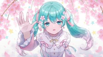 1girl aqua_eyes aqua_hair ashika_(yftcc948) cherry_blossoms cherry_earrings detached_sleeves dress earrings flower food-themed_earrings food_themed_earrings frilled_dress frills gradient_hair hair_flower hair_ornament hatsune_miku highres jewelry long_hair long_sleeves looking_at_viewer multicolored_hair open_mouth pink_flower pink_hair solo twintails vocaloid white_dress wide_sleeves