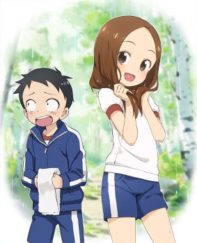 1boy 1girl averting_eyes black_hair blue_jacket blue_shorts brown_eyes brown_hair child commentary_request day dot_nose forehead gym_shirt gym_shorts gym_uniform hands_up holding holding_own_hair holding_towel jacket jaw_drop karakai_jouzu_no_takagi-san long_hair long_sleeves looking_at_viewer nishikata nyoro_(nyoronyoro000) open_mouth outdoors rain raised_inner_eyebrows sanpaku shirt short_hair short_sleeves shorts smile standing takagi-san towel track_jacket very_short_hair water_drop wet wet_hair white_shirt