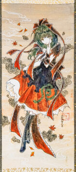 1girl arm_ribbon autumn_leaves black_boots black_dress boots bow closed_mouth commentary_request dress fine_art_parody floating frilled_bow frilled_ribbon frills front_ponytail full_body green_eyes green_hair hair_bow hair_ribbon hand_on_own_face highres hisona_(suaritesumi) kagiyama_hina knee_boots leaf long_hair looking_at_viewer nihonga orange_bow orange_dress orange_ribbon parody photo_(medium) puffy_short_sleeves puffy_sleeves ribbon seal_impression short_sleeves skirt_hold smile solo touhou traditional_media