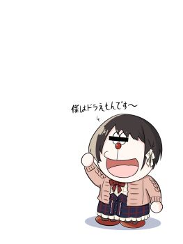 1girl :d bar_censor black_hair blue_skirt brown_pantyhose censored censored_identity center_frills chibi commentary doraemon doraemon_(character) fong_(fongthe0125) frilled_skirt frills hashtag-only_commentary highres hololive jacket oozora_subaru oozora_subaru_(casual) open_clothes open_jacket open_mouth pantyhose pink_jacket plaid_clothes plaid_skirt red_shoes shadow shirt shoes simple_background skirt smile solo standing translation_request virtual_youtuber white_background white_shirt