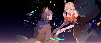 Rule 34 | 2girls, :d, absurdres, animal ears, black background, blonde hair, blue hoodie, cho kaguya-hime!, closed eyes, commentary request, crescent, crescent hair ornament, floating hair, fox ears, fox tail, gradient background, green eyes, hair ornament, highres, holding hands, hood, hoodie, japanese clothes, kaguya (cho kaguya-hime!), kimono, long hair, looking at another, lop rabbit ears, multiple girls, open mouth, profile, purple hair, rabbit ears, red kimono, sakayori iroha, school of fish, serien, shoes, short hair, smile, tail