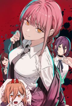 4girls black_choker black_necktie black_ribbon blush braid breasts brown_hair chainsaw_man choker closed_mouth collared_shirt commentary_request cutlass_(classic_chocolate) green_eyes hair_between_eyes higashiyama_kobeni highres jacket large_breasts long_hair long_sleeves looking_at_viewer makima_(chainsaw_man) multiple_girls neck_ribbon necktie off_shoulder open_clothes open_jacket open_mouth pink_hair power_(chainsaw_man) purple_hair red_background red_jacket reze_(chainsaw_man) ribbon shirt sidelocks single_braid sleeveless sleeveless_shirt smile translation_request upper_body white_shirt yellow_eyes