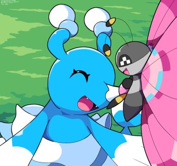 absurdres antennae brionne bug butterfly closed_eyes day gen_6_pokemon gen_7_pokemon grass highres insect nintendo no_humans open_mouth outdoors pokemon pokemon_(creature) sleepy_sealion vivillon vivillon_(meadow)