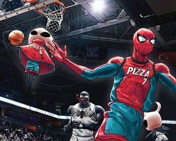 animal_print arthropod_girl ball basketball_(object) black_skin bodysuit cloak colored_skin highres hollow_eyes hollow_knight hollow_knight:_silksong horned_mask hornet_(hollow_knight) long_tongue marvel mask monster_boy muscular muscular_male pizza990 red_cloak sharp_teeth slime_boy spider-man spider-man_(series) spider_print superhero_costume symbiote teeth tongue venom_(marvel) very_long_tongue western_comics_(style) white_mask