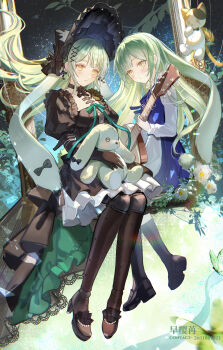2girls absurdres arknights bang_dream! bang_dream!_it&#039;s_mygo!!!!! black_dress black_gloves black_shoes black_thighhighs blush chinese_commentary closed_mouth commentary dress dual_persona earrings floating_hair full_body gloves green_hair guitar hair_ornament highres holding holding_guitar holding_instrument instrument jewelry long_hair looking_at_viewer mirror mortis_(bang_dream!) mortis_(persona)_(bang_dream!) multiple_girls official_alternate_costume sakura_amano shoes smile stuffed_animal stuffed_cat stuffed_rabbit stuffed_toy thighhighs wakaba_mutsumi wakaba_mutsumi_(cautus) wakaba_mutsumi_(marionette&#039;s_id) x_hair_ornament yellow_eyes