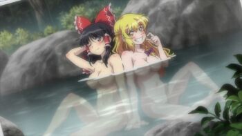 2girls artist_request black_hair blonde_hair blush bow breasts completely_nude convenient_censoring hakurei_reimu highres kirisame_marisa long_hair looking_at_viewer multiple_girls navel nude one_eye_closed onsen partially_submerged purple_bow rock sitting smile teeth the_memories_of_phantasm third-party_source touhou tree water yellow_eyes