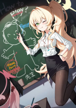 2girls ;q absurdres black_skirt blonde_hair blue_archive blush breasts brown_pantyhose chalkboard character_print classroom closed_mouth collared_shirt commentary covered_navel doodle_sensei_(blue_archive) drop_shadow dutch_angle embarrassed english_text feet_out_of_frame fluffy_hair glint green_eyes hair_between_eyes hair_intakes halo hand_on_own_hip hand_up highres holding holding_pen holding_pointer id_card indoors koharu_(blue_archive) long_hair long_sleeves looking_at_viewer multiple_girls official_alternate_costume official_alternate_hairstyle okkimon one_eye_closed pantyhose pen pencil_skirt pink_hair pink_halo pointer ponytail professor_niyaniya_(blue_archive) professor_niyaniya_(teacher)_(blue_archive) sensei_(blue_archive) shirt sidelocks sitting skirt sleeves_rolled_up small_breasts smile solo_focus standing standing_on_one_leg teacher tongue tongue_out twintails very_long_hair white_shirt