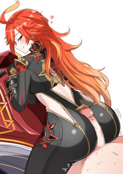 Rule 34 | 1girl, ass, biker clothes, bikesuit, black bodysuit, black gloves, bodysuit, breasts, buttjob, censored, earrings, flamestrider (genshin impact), genshin impact, gloves, heart, jewelry, long hair, mavuika (genshin impact), mosaic censoring, motor vehicle, motorcycle, multicolored hair, on motorcycle, orange eyes, orange hair, penis, red hair, smile, sun earrings, twitching, two-tone hair, very long hair, white background, yuzu kiro