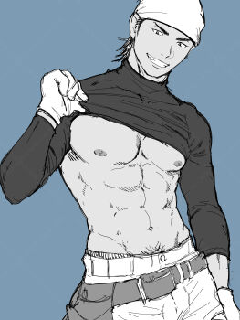 1boy abs bandana clothes_lift gloves hakamada_taco highres long_sleeves male_focus muscular muscular_male nipples original pectorals shirt shirt_lift solo teeth upper_body