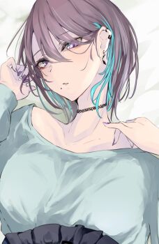 1girl akiyama_cz4a bed bed_sheet black_choker black_skirt breasts brown_hair choker collarbone earclip earrings frilled_skirt frills green_shirt high-waist_skirt highres jewelry long_sleeves looking_at_viewer lying medium_breasts mole mole_under_mouth multicolored_hair multiple_earrings nail_polish narrowed_eyes off_shoulder on_back open_mouth original purple_eyes purple_nails shirt short_hair skirt solo streaked_hair waistband