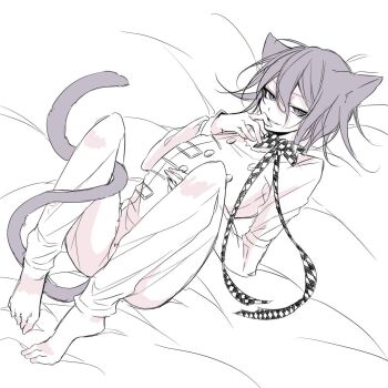 1boy animal_ears arched_back barefoot bed_sheet buttons cat_boy cat_ears cat_tail checkered_clothes checkered_ribbon commentary_request danganronpa_(series) danganronpa_v3:_killing_harmony flipped_hair full_body hair_between_eyes half-closed_eyes knees_up long_sleeves looking_at_viewer lying male_focus medium_hair monochrome neck_ribbon no_scarf oma_kokichi on_back pants ribbon rindoukhk6 seductive_smile short_hair slit_pupils smile smirk solo tail tail_wrap white_background