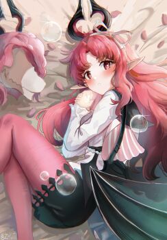 1girl absurdres arknights bubble commentary diamond-shaped_pupils diamond_(shape) expressionless highres long_hair long_sleeves looking_at_viewer lying nymph_(arknights) nymph_(sweetness_to_the_heart)_(arknights) official_alternate_costume on_side pantyhose parted_lips pointy_ears red_eyes red_hair red_pantyhose red_petals solo symbol-shaped_pupils zhuti483486