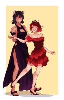 0kamikamisama 2girls absurdres ahoge animal_ears armband artist_name bare_shoulders black_dress black_footwear black_hair blake_belladonna breasts cat_ears cat_girl cleavage cleavage_cutout closed_eyes clothing_cutout dancing dark-skinned_female dark_skin dress full_body high_heels highres holding_hands long_dress multicolored_hair multiple_girls pumps red_dress red_hair ruby_rose rwby sandals short_dress short_hair side_slit simple_background sleeveless sleeveless_dress smile yellow_background