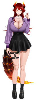 1girl black_choker black_horns black_shoes black_skirt black_socks breasts choker cleavage commentary_request dola_(7th_costume)_(nijisanji) dola_(nijisanji) dragon_girl dragon_tail full_body gradient_horns heart heart_choker highres horns huge_breasts jewelry long_hair miniskirt multicolored_horns necklace nijisanji purple_shirt red_eyes red_hair red_horns senju_(snz0) shirt shoes simple_background skirt socks solo standing tail virtual_youtuber white_background yellow_horns