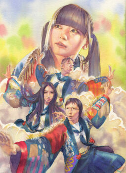 Rule 34 | 4girls, atarashii gakkou no leaders, black hair, closed mouth, color ink (medium), commentary request, haori, highres, japanese clothes, juna (junastern), kanon (atarashii gakkou no leaders), mizyu (atarashii gakkou no leaders), multiple girls, open mouth, painting (medium), real life, rin (atarashii gakkou no leaders), sailor collar, school uniform, serafuku, suzuka (atarashii gakkou no leaders), traditional media, twintails, watercolor (medium)