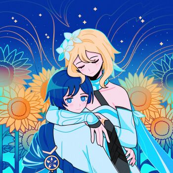 Rule 34 | 1boy, 1girl, absurdres, arctic foxy, arm cutout, armor, blonde hair, blue cape, blue eyes, blue feathers, blue flower, blue sky, blue trim, blunt ends, blush, bridal gauntlets, bright pupils, cape, chin rest, closed eyes, closed mouth, clothing cutout, collarbone, commentary, detached sleeves, dress, english commentary, eyelashes, facing another, feather hair ornament, feathers, flower, furisode, genshin impact, gold ring, grey bridal gauntlets, hair flower, hair ornament, halterneck, hand on another's arm, hand on another's hip, hand on another's shoulder, hand up, head on head, head rest, hetero, highres, hug, japanese armor, japanese clothes, kimono, kote, kurokote, looking at viewer, looking back, lumine (genshin impact), middle ring, multicolored flower, outdoors, scaramouche (genshin impact), scarf, short hair, short hair with long locks, short sleeves, sidelocks, single bare shoulder, sky, smile, star (sky), starry sky, sunflower, vambraces, wanderer (genshin impact), white dress, white flower, white kimono, white pupils, white scarf, white sleeves, white trim, wispy bangs