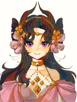 1girl anjo_nala bare_shoulders black_hair black_horns closed_mouth demon_horns dress flower gold_choker hair_flower hair_ornament highres horns long_hair looking_at_viewer meitian_dou_xiang_shuijiao portrait purple_eyes reverse:1999 smile solo white_background white_dress white_flower