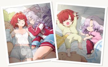 2girls :o age_progression aged_down alternate_costume ange_katrina ange_katrina_(6th_costume) arms_up bare_shoulders bed_sheet blue_cardigan bow breasts camisole cardigan character_doll cleavage closed_eyes collarbone commentary_request curtained_hair doll dress drooling drop_shadow eyelashes frilled_dress frilled_pants frilled_pillow frills front-tie_shorts green_pajamas grey_background grey_shorts hair_bow hair_intakes highres holding_hands hyakumantenbara_salome hyakumantenbara_salome_(casual) interlocked_fingers jacket knachi09 long_hair long_sleeves lying mandragora_(ange_katrina) medium_hair midriff multiple_girls multiple_views navel nijisanji nose_bubble on_back on_bed open_mouth pajamas pants photo_(object) pillow pink_bow pink_dress puffy_short_sleeves puffy_sleeves purple_hair red_hair red_jacket red_pants short_sleeves shorts side_part sleeping sleepwear sleeves_past_wrists small_breasts strap_slip stuffed_toy toddler too_many_drills track_jacket virtual_youtuber white_camisole