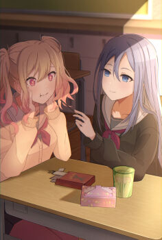 Rule 34 | 2girls, :t, black cardigan, blue eyes, blue hair, blush, brown hair, cardigan, chair, chalkboard, classroom, collarbone, commentary request, desk, double-parted bangs, eating, food, gradient hair, grey shirt, hair between eyes, highres, holding, holding food, holding pocky, indoors, long hair, long sleeves, looking at another, multicolored hair, multiple girls, neckerchief, on chair, pleated skirt, pocky, project sekai, red eyes, red hair, red neckerchief, sailor collar, school chair, school desk, shirt, short twintails, sidelocks, sitting, skirt, smile, sparkling eyes, tenma saki, twintails, white sailor collar, yellow cardigan, yoisaki kanade, yui081
