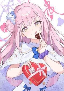 Rule 34 | 1girl, absurdres, angel wings, blue archive, blue bow, bow, box, breasts, buttons, candy, capelet, chocolate, chocolate heart, closed mouth, commentary request, double-breasted, dress, feathered wings, flower, food, gold trim, hair bun, hair flower, hair ornament, halo, heart, heart-shaped box, heart-shaped food, highres, holding, holding box, holding chocolate, holding food, long hair, looking at viewer, low wings, medium breasts, mika (blue archive), pink hair, pink halo, purple flower, purple scrunchie, rakuri (rwrn5475), scrunchie, single hair bun, single side bun, solo, upper body, white capelet, white dress, white wings, wings, wrist scrunchie, yellow eyes