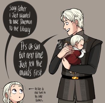 a_song_of_ice_and_fire ackerbangbang baby baelon_targaryen carrying carrying_baby carrying_person child commentary daemon_targaryen english_commentary english_text father_and_son highres house_of_the_dragon purple_eyes viserys_targaryen white_hair