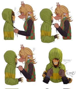 >_< 1girl 1other ? adjusting_clothes animal_nose antlers blonde_hair blush brown_fur brown_hair covered_eyes deer_antlers deer_girl deltarune drawstring face-to-face fingerless_gloves flustered furry furry_female gloves green_hoodie hair_ornament hairclip highres hood hood_up hoodie horns imminent_kiss kris_(deltarune) nervous noelle_holiday nose_blush puckered_lips red_nose ssyyk1sk trembling utdr_(toby_fox) you're_doing_it_wrong