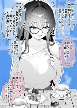 1girl :d absurdres averting_eyes bag blue_background blush breasts cake cake_slice collarbone colored_speech_bubble commentary_request cup food fork glasses greyscale_with_colored_background hair_intakes handbag highres holding holding_fork large_breasts ogata_(ogt_illust) open_mouth original saucer short_sleeves single_bare_shoulder single_off_shoulder smile solo speech_bubble steam strawberry_shortcake tea teacup