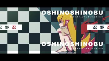 1girl arms_on_knees bare_legs barefoot black_border black_shorts blonde_hair blood blood_splatter blurry blurry_foreground blush_stickers border character_name checkered_wall copyright_name crossed_arms expressionless flipped_hair from_side full_body grey_shirt hair_between_eyes hair_flaps hand_on_own_arm knees_to_chest legs_together letterboxed long_hair looking_to_the_side monogatari_(series) on_floor oshino_shinobu pointy_ears profile reflective_floor shade shirt short_sleeves shorts sitting solo sonikkusupin very_long_hair yellow_eyes
