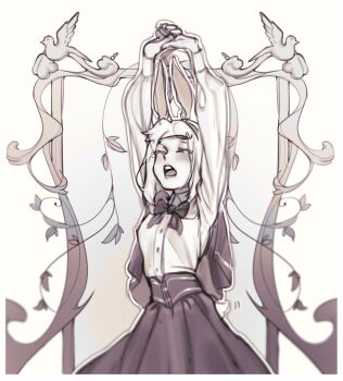 1girl :o animal_ears arms_up blush bow bowtie closed_eyes commentary cowboy_shot dress_shirt english_commentary greyscale highres long_hair long_sleeves monochrome original pita-potato rabbit_ears rabbit_girl shirt skirt solo