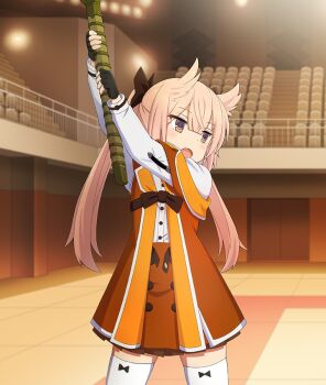 1girl :o arms_up black_bow black_gloves blush bow brown_dress brown_eyes buttons ceiling_light door dot_noes dress fighting_stance game_cg gloves hair_bow hair_horns holding holding_sword holding_weapon huge_weapon legs_apart long_hair long_sleeves mashiko_kaoru official_art open_mouth osafune_girls_academy_school_uniform pink_hair railing school_uniform solo sword thighhighs third-party_source tile_floor tiles toji_no_miko toji_no_miko:_kizamishi_issen_no_tomoshibi twintails two-handed weapon white_thighhighs